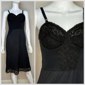Vintage 1960s Black Lace Full Slip, Pauline Gordon Pettico Bra Slip Size Small